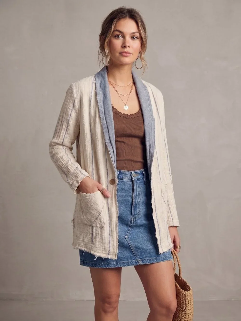 Free People Aria Striped Raw Hem Shawl Cotton Blend Blazer Cream Blue S